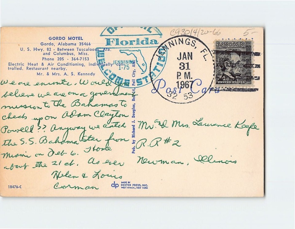 Postcard Gordo Motel, Gordo, Alabama eBay