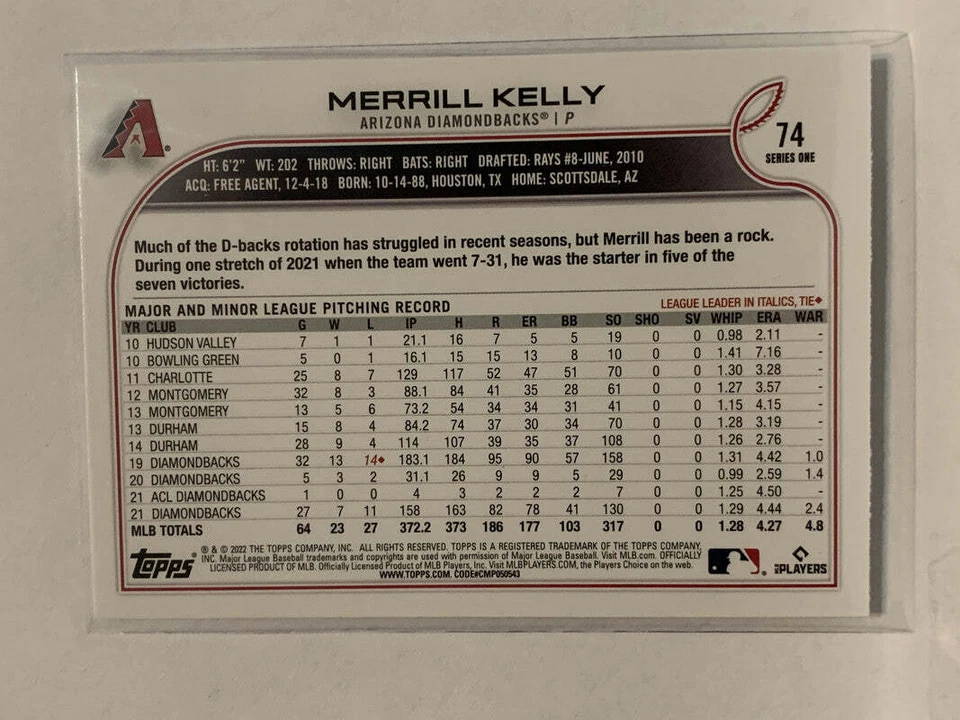 #74 Merrill Kelly Arizona Diamondbacks 2022 Topps Series 1 Baseball Card MLB - Image 2 of 2