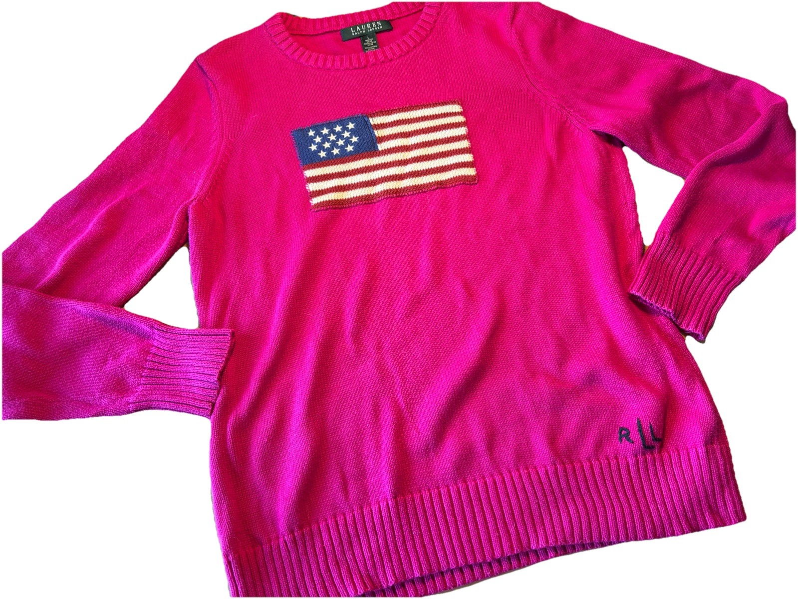 161 Polo Ralph Lauren Sweater Knit Jumper Hot Pink USA Flag Cotton L RARE image 2