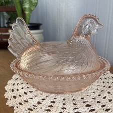 Vtg Indiana Glass PINK Hen On A Nest Candy Dish 