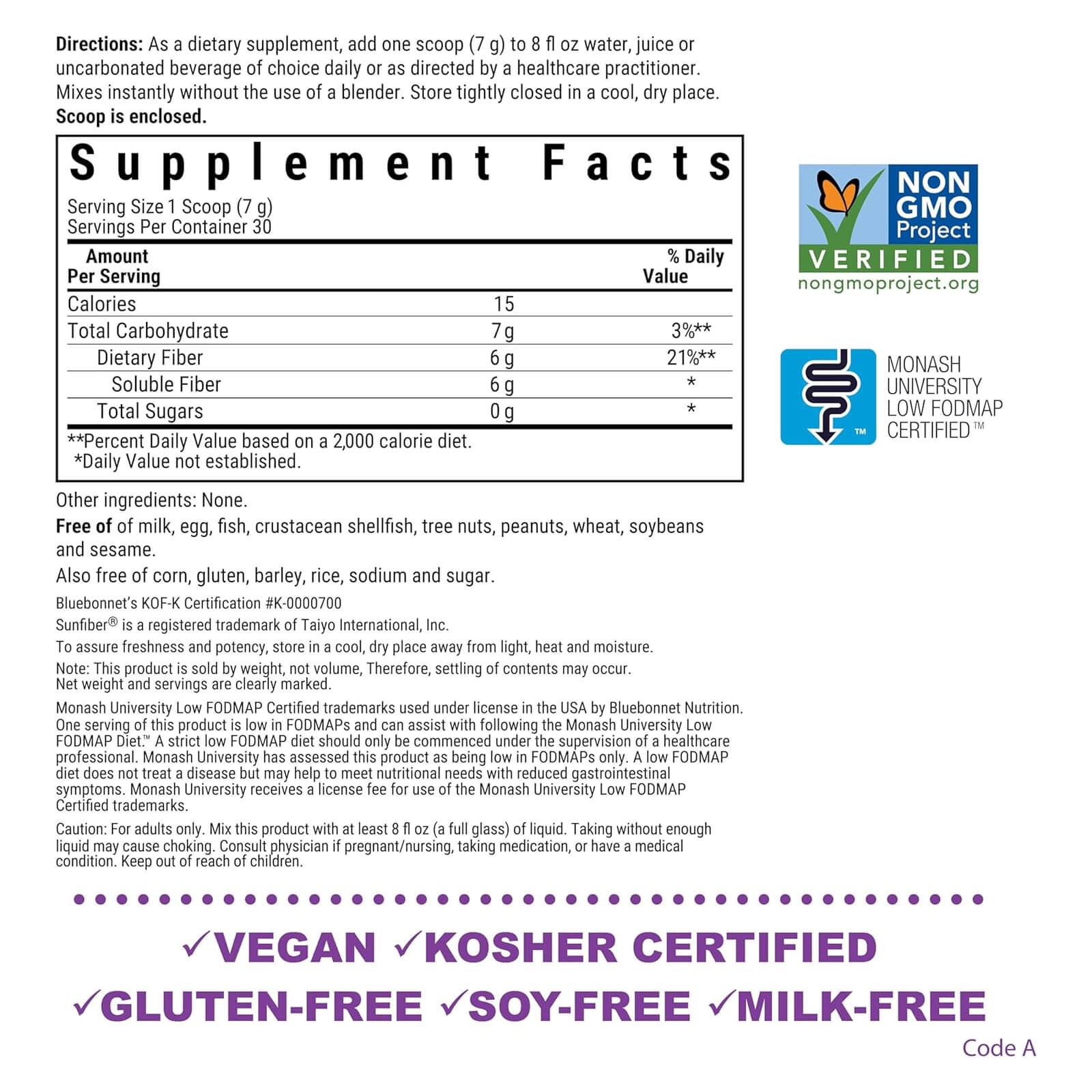 Bluebonnet Sunfiber Prebiotic Soluble Fiber 7.4 Oz Powder, Whole Food Based