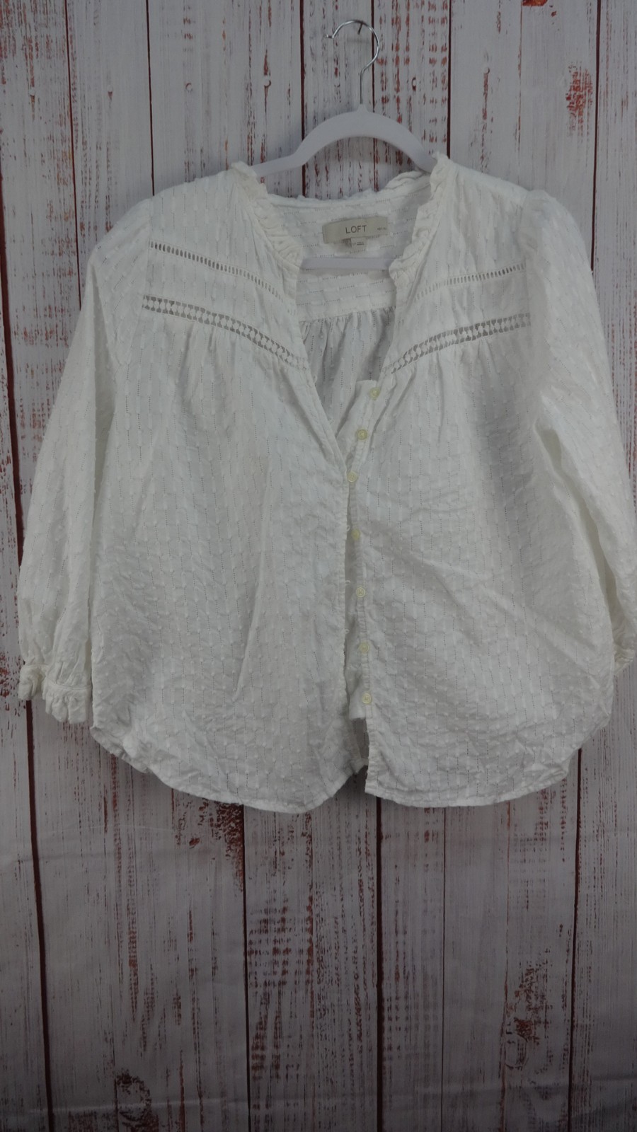 LOFT Blouse Womens Large Petite White Long Sleeve Long 100% Cotton Classic