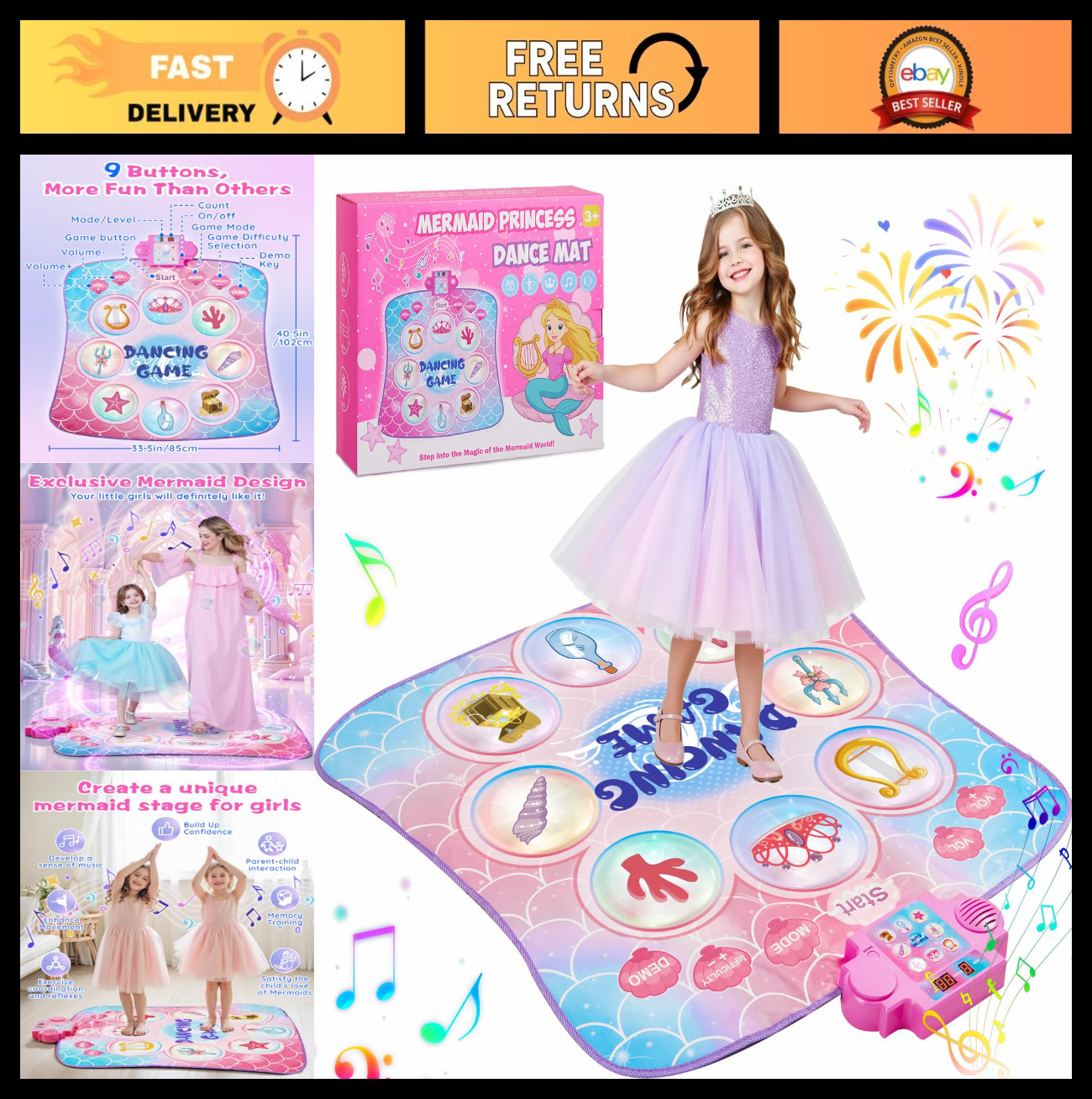 Mermaid Dance Mat for Kids 3-12 - Light Up Dance Pad, 3 Game Modes, Music Toy Gi