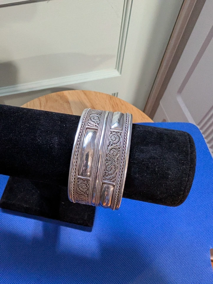 Ornate Filigree Ethnic Thailand 925 Sterling Silver Adjustable Cuff Bracelet 47g - Image 2 of 4