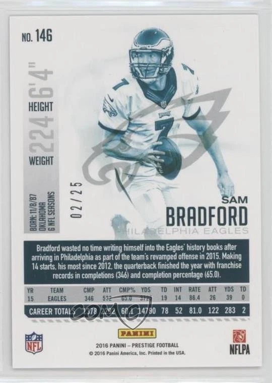 2016 Panini Prestige Xtra Points Platinum /25 Sam Bradford #146 - Image 2 of 2