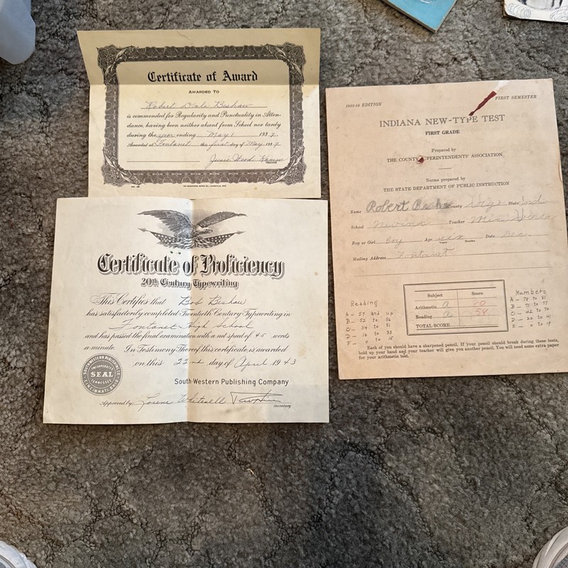 Lot of *3”  VINTAGE Fontanet Indians School CERTIFICATES