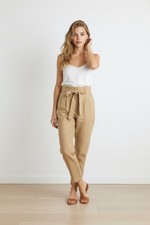 Calvin Klein SZ 4 Tan Belted Paperbag Pleated Linen Blend Pant Utility Pockets