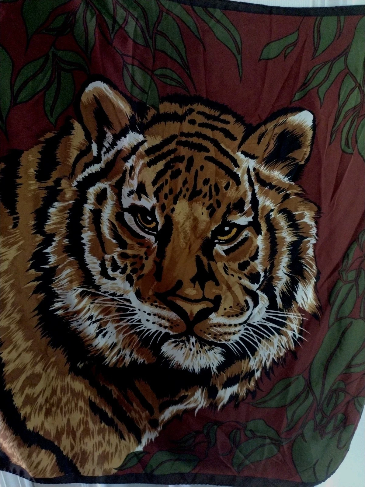 Large Tiger Head Print 34x 34" Maroon Lightweight Scarf Shawl Animal Print Vtg