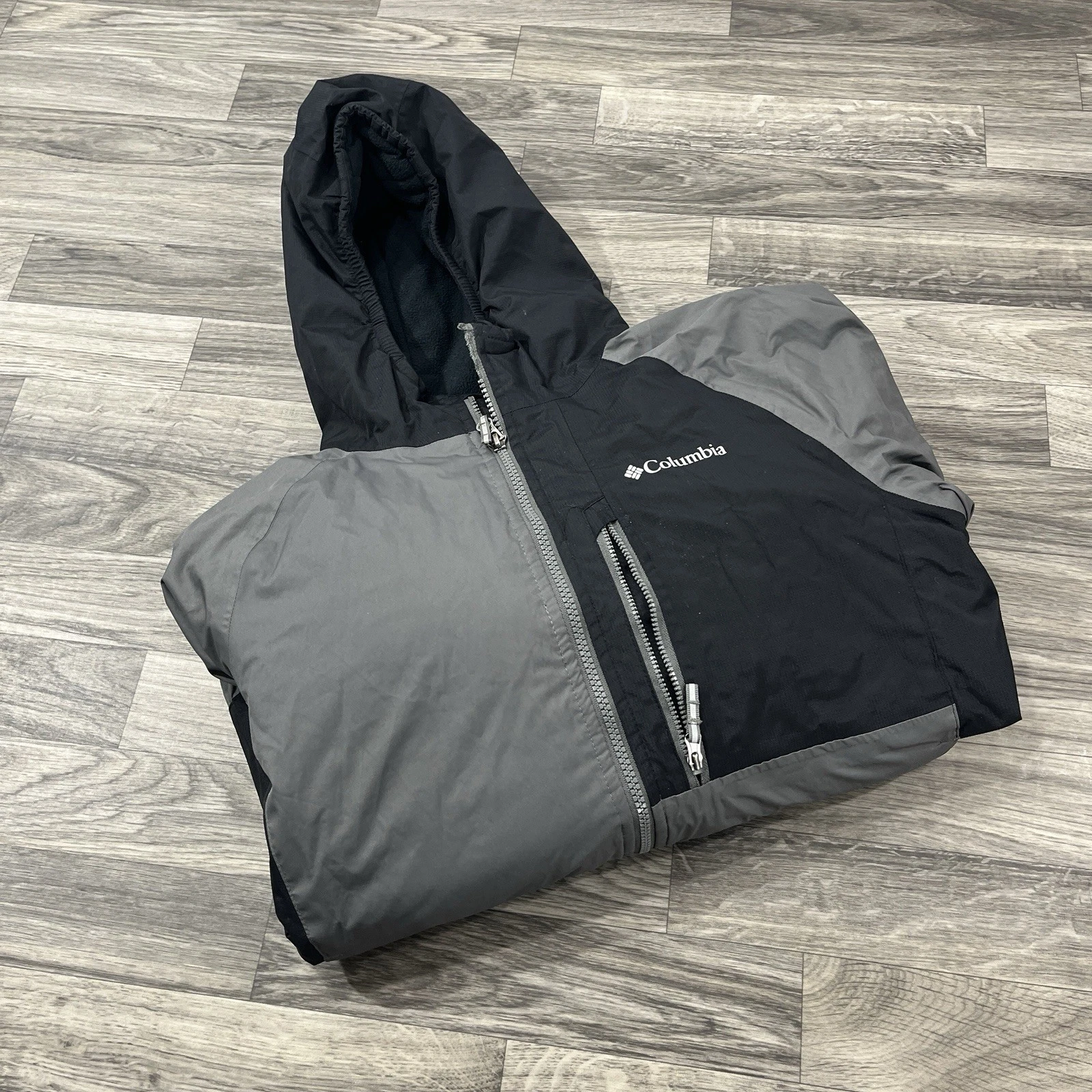 Columbia Boys Large 14/16 Omni-Heat Puffer Jacket Grey Black Hooded Winter Coat
