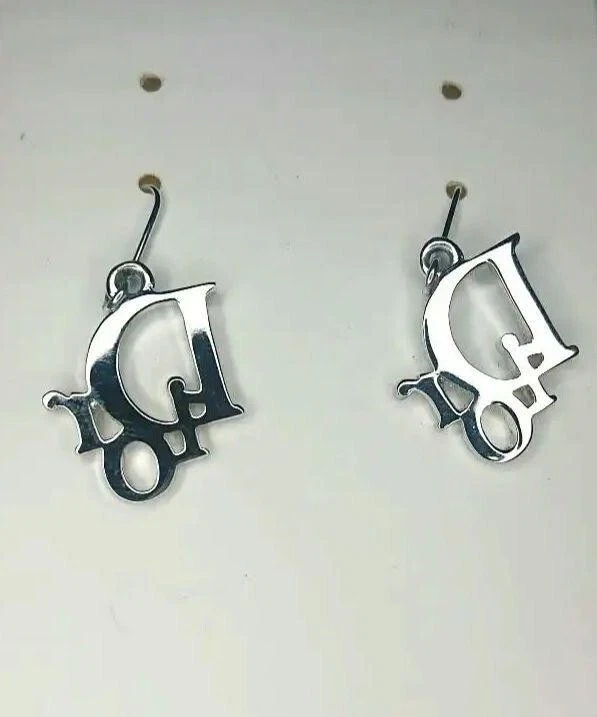 Christian Dior Earrings Rhinestone Logo Silver Accessories France Near Mint