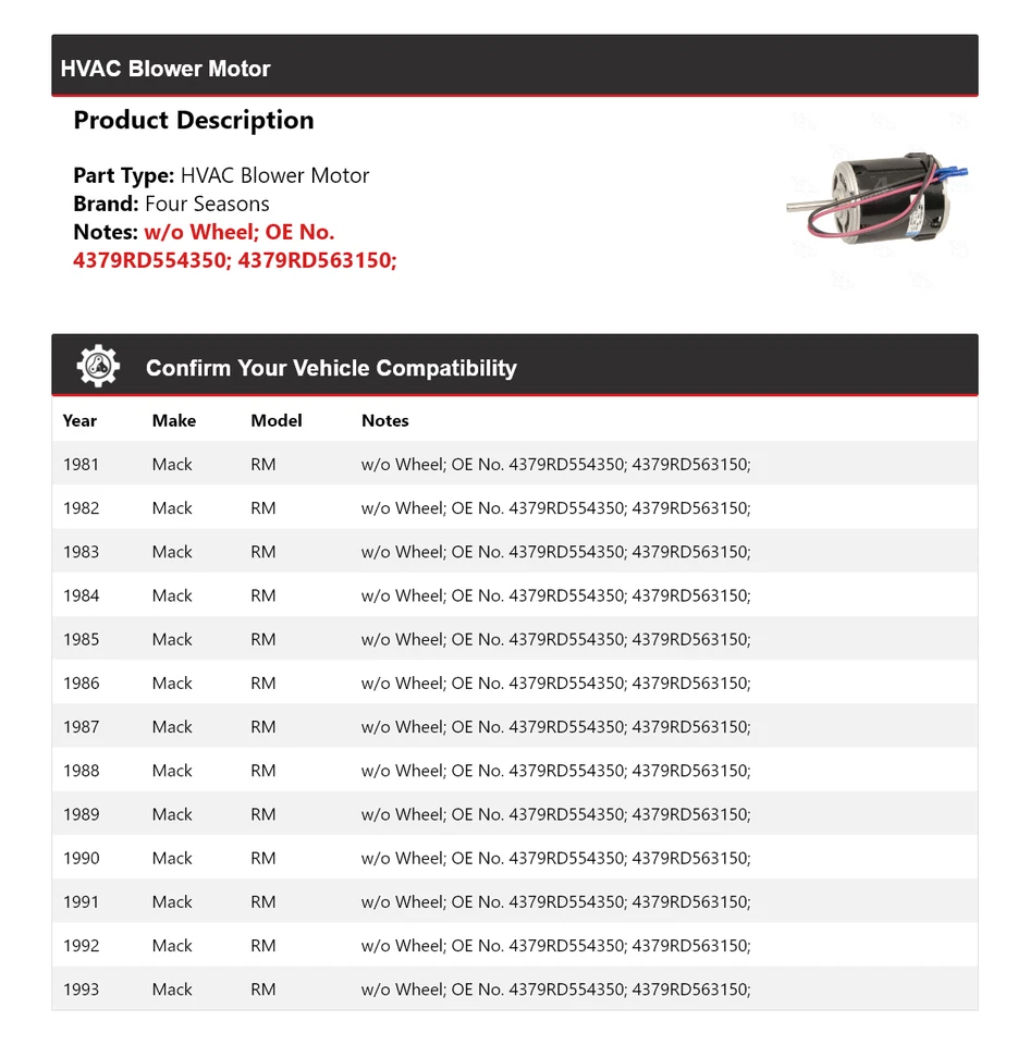 Motor soplador de climatización Mack RM 1981-1993 4 estaciones 1982 1983 1984 1985 1986 1987 Foto 2 de 4