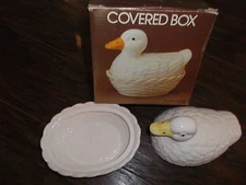 Vintage White Milk Ceramic Duck On Nest Covered Dish Trinket Box ~  New In Box!
