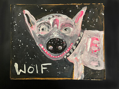 Original Wolf Painting Naive Dog Outsider Quirky Funny Silly Artwork Miz Katie