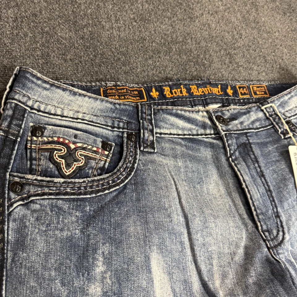 Rock Revival Jeans Montell Biker Skull Mens Size 44X32 Embroidered Blue Denim - Image 4 of 4