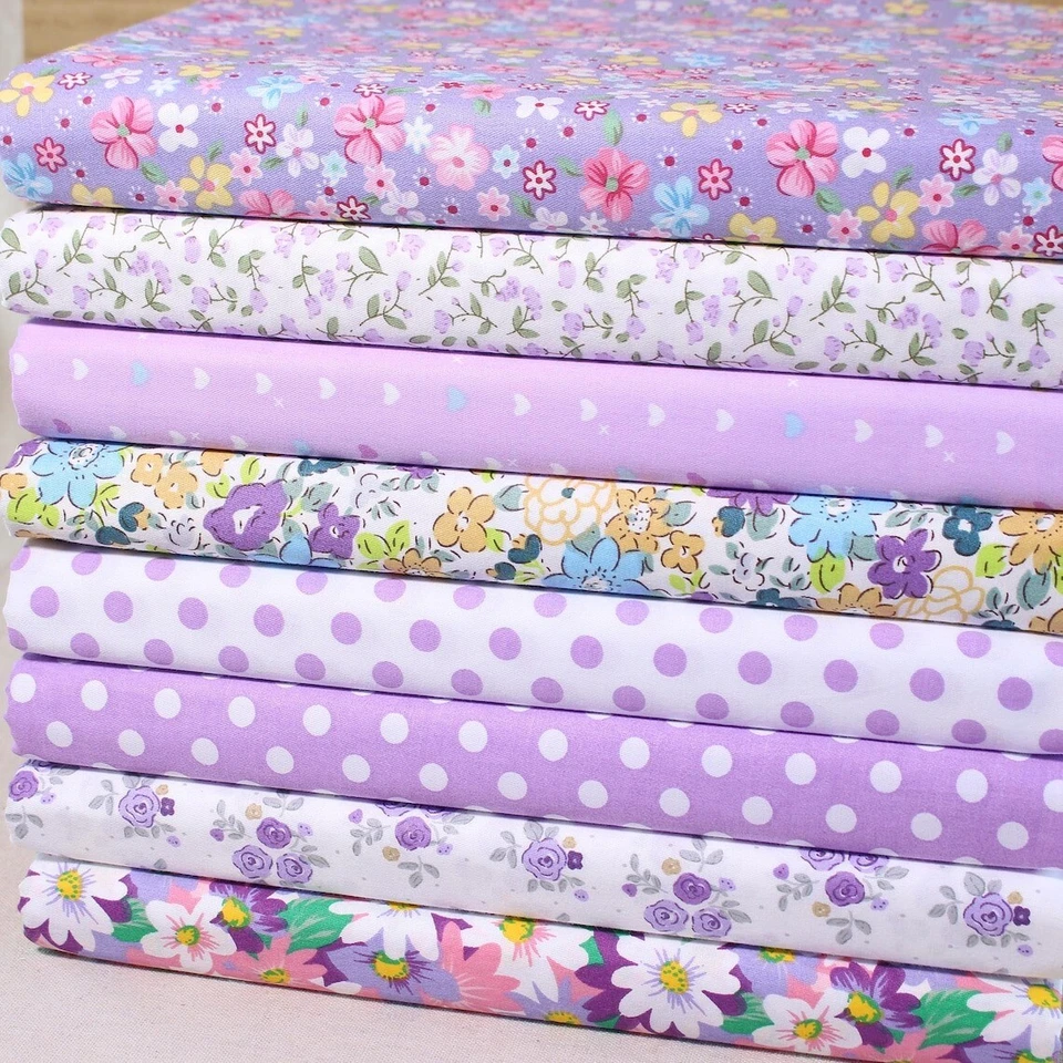 Lote de 8 cuadrados surtidos de tela con estampado de flores de algodón púrpura de 25 cm para colchar costura Foto 2 de 4