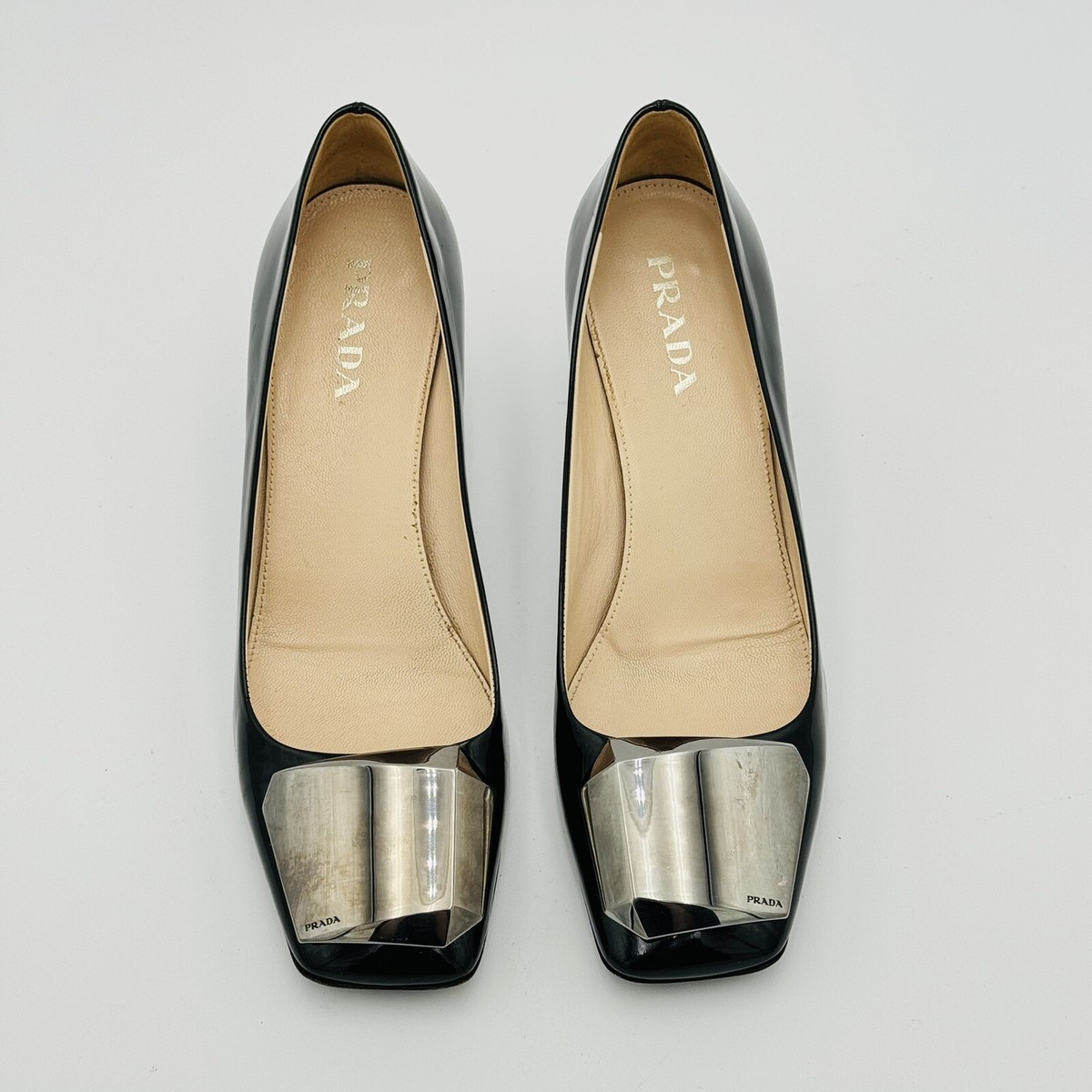 靴 PRADA Leather Heels 36 1/2 Authentic PRADA Black Leather Heels Silver Logo Buckle Shoes