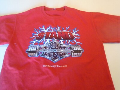 Barbell stand strength team t shirt red no size tag looks like m chest 19'' gym