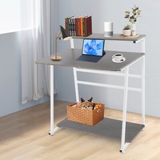 3-tier Computer Desk, Home Office Desk, Rolling Computer Desk, White, Grey