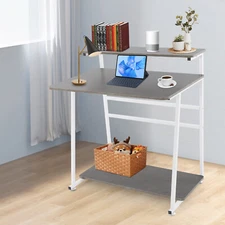 3-tier Computer Desk, Home Office Desk, Rolling Computer Desk, White, Grey