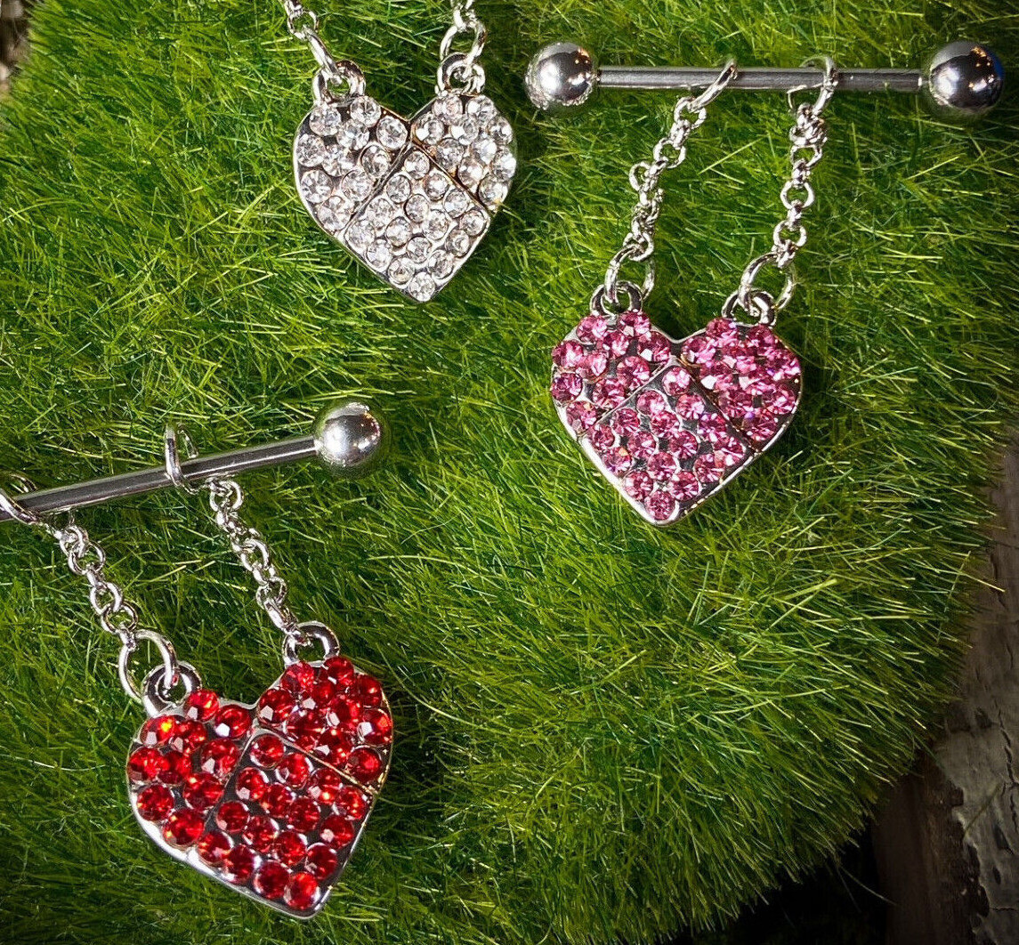 PAIR 14g Gem Heart Dangle Nipple Rings Shields Barbells Body