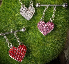 PAIR 14g Gem Heart Dangle Nipple Rings Shields Barbells Body Piercing Jewelry