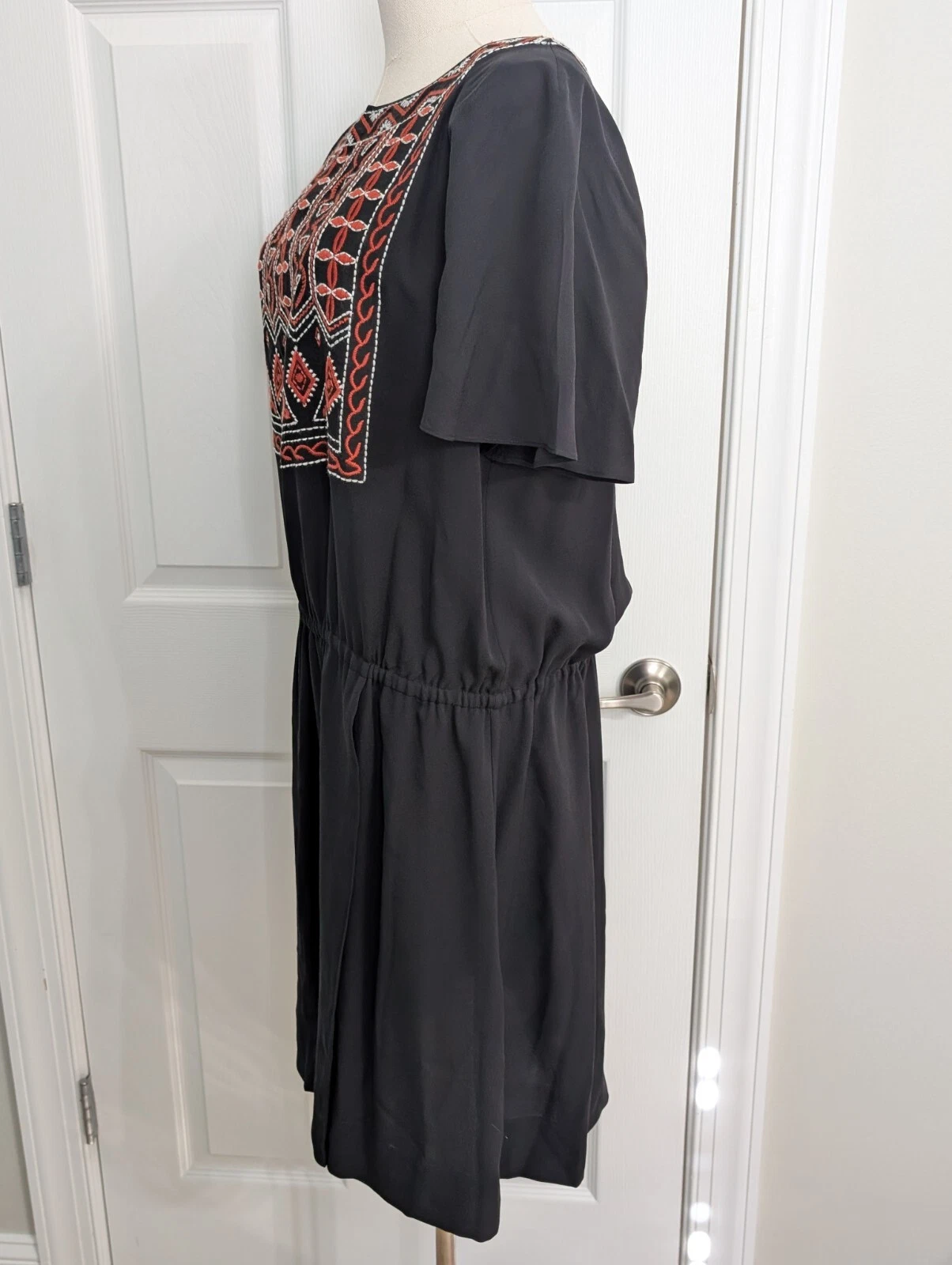 Tory Burch abito seta donna 10 nero manica corta svolazzante mini batik