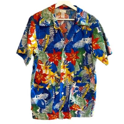 vintage Hawaiian shirt M beeline fashions USA tropical birds floral print unisex