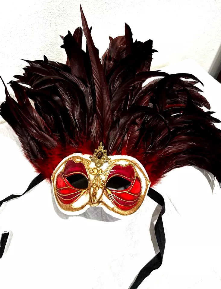 Vintage Italian handmade Venetian Masquerade ball masks embossed with gold trim. - Image 3 of 4