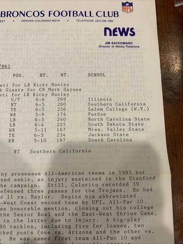 1986 NFL DRAFT Denver Broncos Press release- RARE - roster - Picture 3 of 5