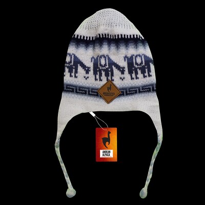 HANDMADE ANDEAN ALPACA WHITE REVERSIBLE LIGHT BLUE HAT WITH EAR FLAPS