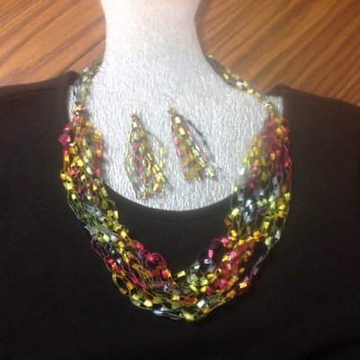 KALEIDOSCOPE Ladder Ribbon Trellis Necklace Yarn Hand Crochet EARRINGS 