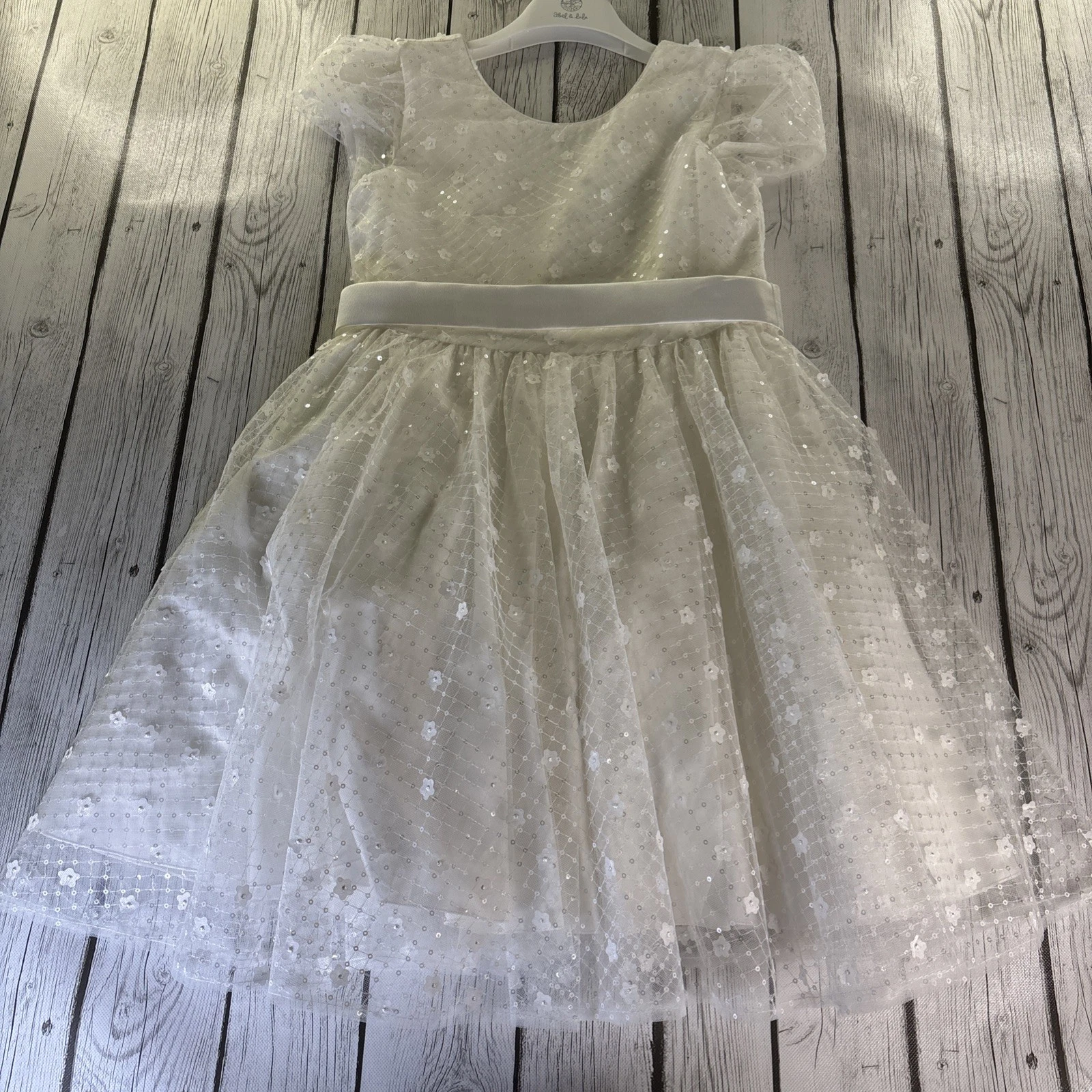 Abel & Lula size 12 Girls White Sequin & Tulle Dress Puffed Sleeves Parties NWT.