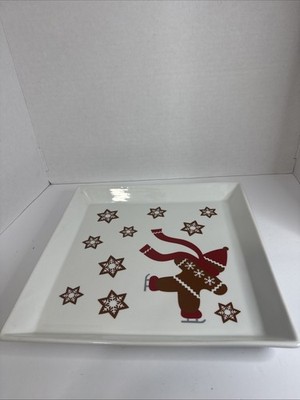 Crate & Barrel 12  Square Platter Gingerbread Man On Skates Snowflakes