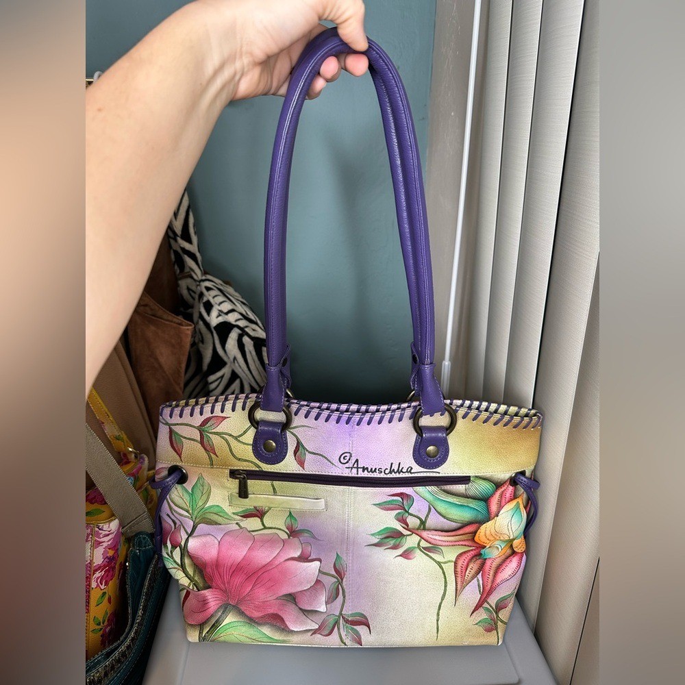 Anuschka Hand Painted Genuine Leather Featuring Hummingbird Floral Tote Bag.