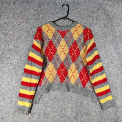 Alanui Pullover Gr. Small rot gelb Argyle gestreift Grob Alpaka hinten offen