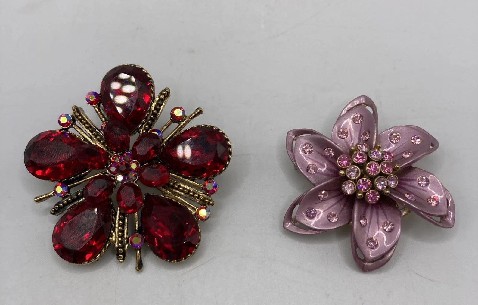 Vintage Rhinestone Flower Brooch Lot Red Pink Glass Cabochon Gold Tone 80s