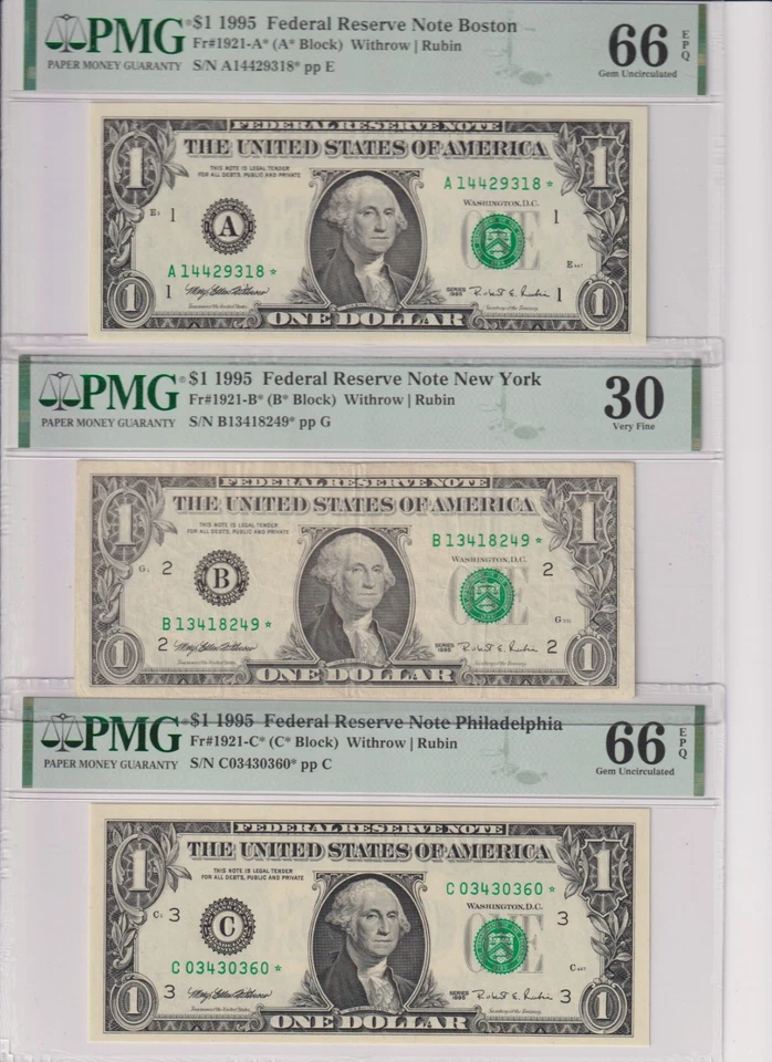 ALL 12 *STAR* NOTES 1995  Fr 1921-*/1922-* $1 FRN PMG 66EQ/30 FULL DISTRICT SET - Image 3 of 4
