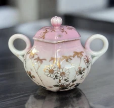 Vintage Japanese Kutani Style Porcelain Sugar Bowl w Lid Pink Ombré Gilt Floral