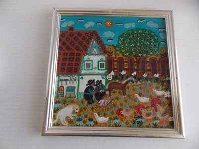 Hungary Europe Folk Art Farm Oil Painting on Board by Ilona Toth Gombkotone