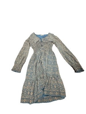 Max Studio Women s Small Boho Floral Smocked Midi Dress Blue Long Sleeve