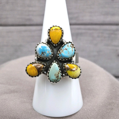 Southwestern Golden Hills Honey Dahlia Turquoise Ring Adj 6 to 9 Sterling Silver