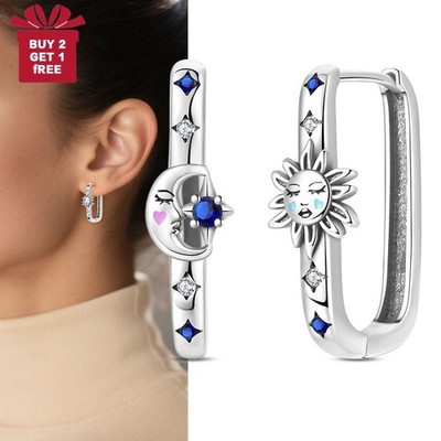 PANDACH 925 Sterling Silver Star and Moon Square Hoop Earrings, Gift for Women