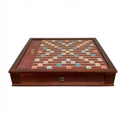 Vintage Wooden Scrabble Game Set Deluxe Board Drawer Tiles Timer Complete