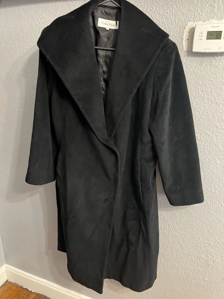 Calvin Klein Black Long Angora Wool Coat Size 14 Overcoat Womens - Image 3 of 4