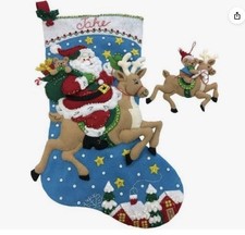 Bucilla Reindeer Santa Felt Christmas Stocking Plus Ornament Kit OOP New 18"