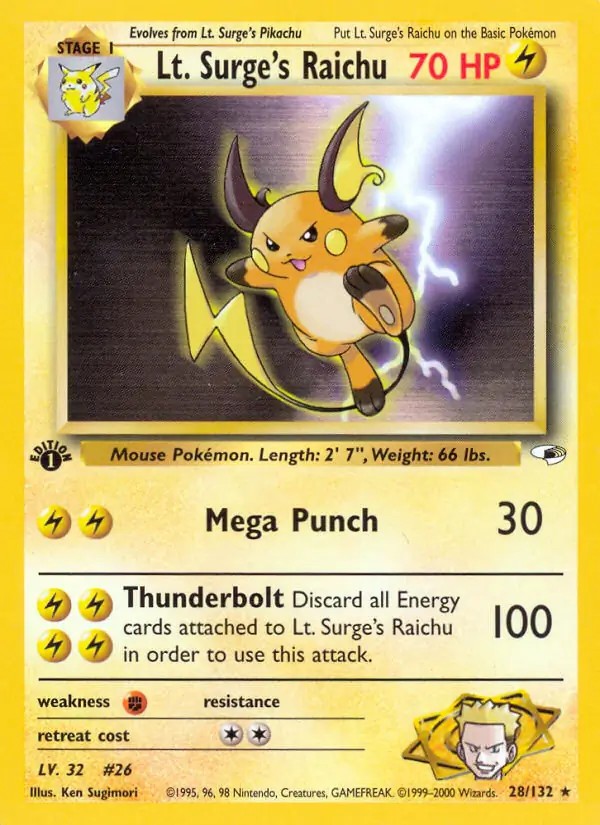 Lt. Surge's Raichu - 28/132 - Pokemon Gym Heroes 1st Edition Rare Card WOTC NM
