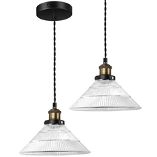 Vintage Brushed Bronze Pendant Light Fixtures with Big Striped Glass Shade, H...