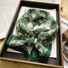 100 Mulberry Silk Crepe Shawl Flowers Print Neckerchief Oblong Scarf Green