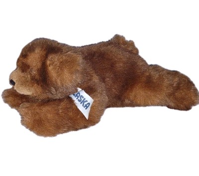 Kipmik Alaska Brown Bear 12in Soft Fur Laying Plush Hard Nose Ribbon Souvenir