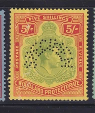 NYASALAND, 1938 KGVI 5s. Pale Green & Red on Yellow perf. SPECIMEN, mint no gum.